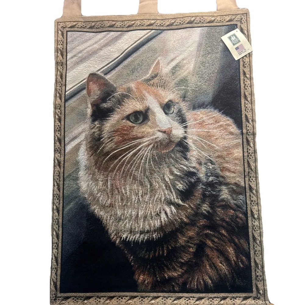 VVintage Woven Cat Tapestry Wall Hanging Blanket USA 26x36 Cottagecore Art